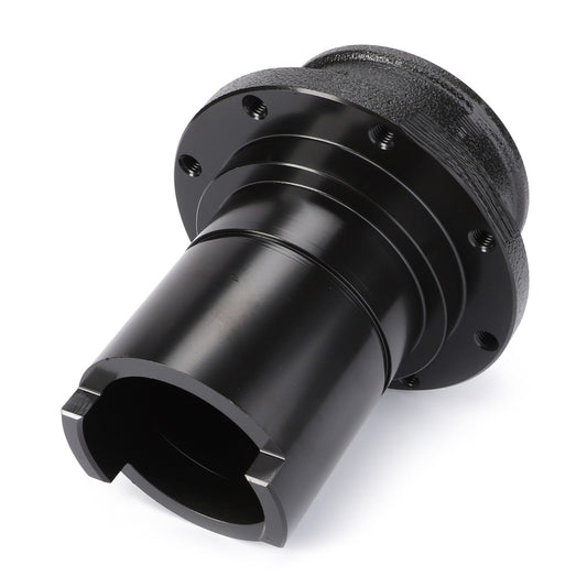 Close-up of an AGCO | Bush - 4-1068-0291-0, a black cylindrical mechanical component with multiple bolts and a textured surface, akin to those found in Massey Ferguson models. The part features an open end and a flanged section with bolt holes.