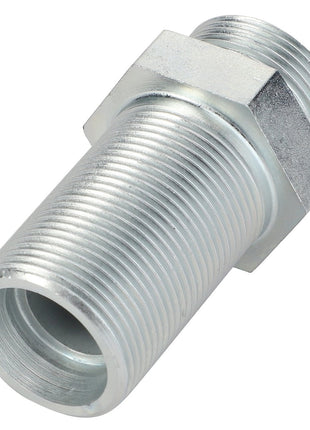 The AGCO Straight Bulkhead Union - Acw1635620 is a silver metal threaded pipe fitting with a hexagonal nut section, often utilized for connecting pipes in plumbing or industrial applications. Please note: No current product description information is available.