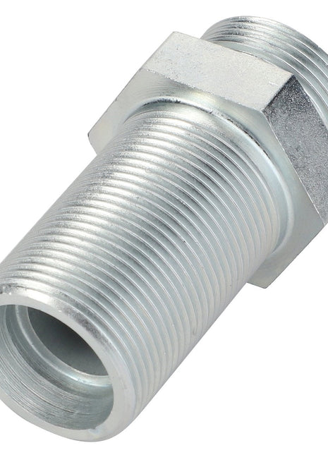 The AGCO Straight Bulkhead Union - Acw1635620 is a silver metal threaded pipe fitting with a hexagonal nut section, often utilized for connecting pipes in plumbing or industrial applications. Please note: No current product description information is available.