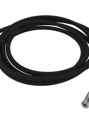 The AGCO HYDR. HOSE - AL9031718 is a coiled black hose with silver metallic fittings on both ends, perfect for efficiently transferring liquids or gases.