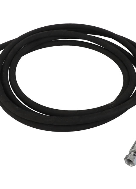 The AGCO HYDR. HOSE - AL9031718 is a coiled black hose with silver metallic fittings on both ends, perfect for efficiently transferring liquids or gases.