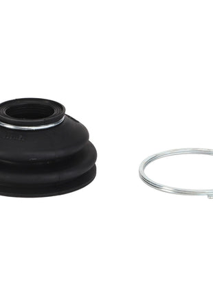 A black rubber bellows, specifically the AGCO Dust Boot - F650153021630, accompanied by a separate metal ring, displayed on a white background – no current product description available.