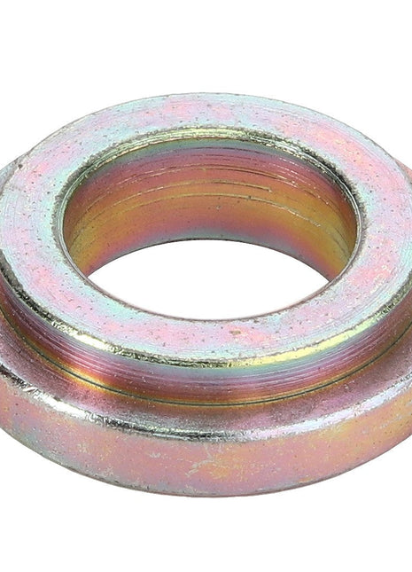 A metallic washer with a central hole, featuring a reflective finish with shades of pink and yellow. No current product description information is available for AGCO | BUSH - D49071600 from the brand AGCO.