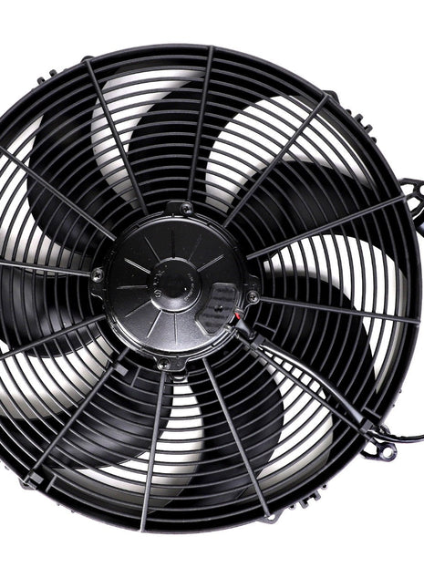 The AGCO | FAN - AG334292 is a black electric radiator cooling fan with a circular grille and five blades, featuring an attached electrical connector, ensuring reliable performance as part of the cooling system.