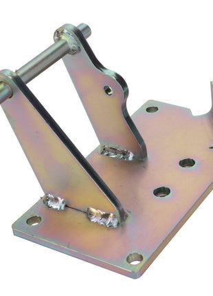 The AGCO Shield Hinge, Left Hand - Acx2072450 is a metal bracket featuring multiple holes, a hinge mechanism, and a protruding hook on one end, designed for mounting or support purposes.