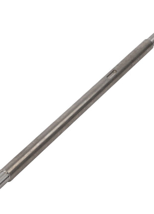 The AGCO | SHAFT - D28782107 is a metallic cylindrical rod with connectors on both ends, featuring a small hole and groove on one side. No current product description information is available.