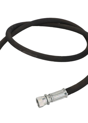 The AGCO Hydraulic Hose - Acp0007990 is a flexible black rubber hydraulic hose equipped with metal connectors on both ends, coiled into a loose loop. No current product description available.