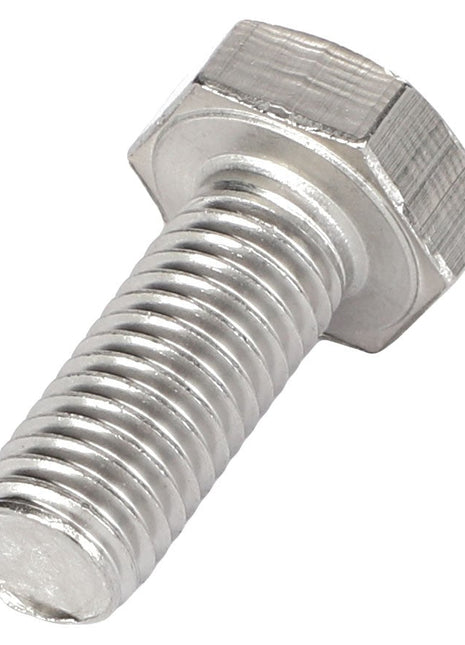 A close-up of an AGCO | HEXAGONAL HEAD BOLT - AG521010, featuring a threaded shaft and hexagonal head, is set against a white background, offering no information available about its specific use.