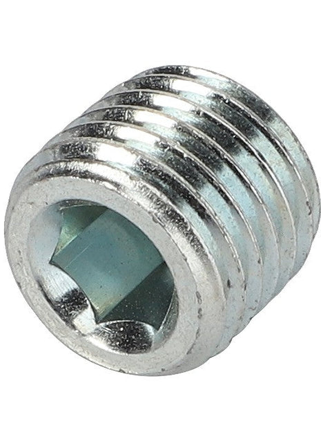 A close-up image of the AGCO | Plug - Va021564, a metallic threaded insert with an internal hexagonal socket. The cylindrical insert, branded by AGCO, features ridged threads on the exterior. No current product description available.