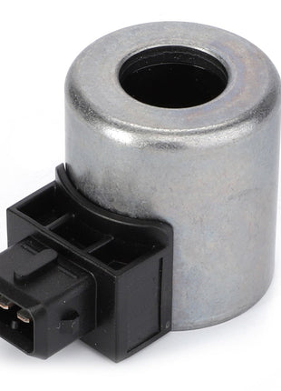 A cylindrical, metal AGCO solenoid valve with copper windings and a black plastic connector port attached at the bottom, model name Magnet Coil - F339302150040.