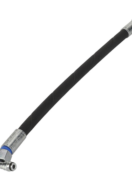 The AGCO | Hydraulic Hose - Acw230283A by AGCO is a high-performance, flexible hydraulic hose that boasts abrasion-resistant properties and features metal fittings at both ends—one end has a 90-degree elbow fitting, while the other end is straight.