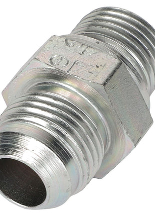 The AGCO ADAPTER - AL1120133 is a metal hydraulic fitting featuring male threads on both ends and a hexagon-shaped section in the middle. No current product description information is available.