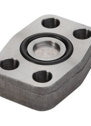 No current product description information is available for the AGCO Bridle - Acw2238990, a rectangular metal component with rounded edges that features one large central hole surrounded by four smaller holes, each reinforced with a black sealing ring.