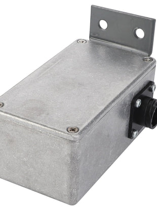 The AGCO | BOX - D28781617 by AGCO is a rectangular metal junction box featuring a screw-on cover and an attached mounting bracket. One side of the box has a visible black cable connector. The packaging does not include any current product description information.