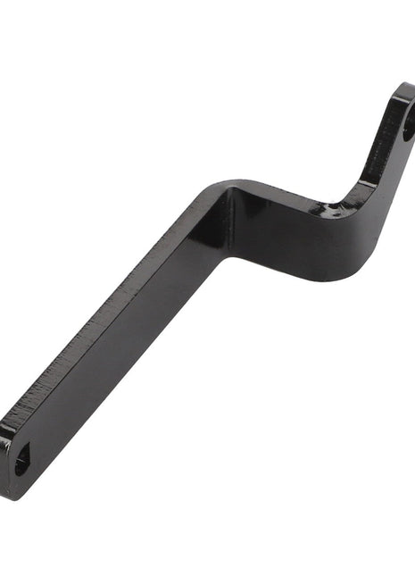 AGCO | Arm - Acw4913720: This black metal bracket features a distinctive bent, angular design and is equipped with two holes at each end. Further product description information is currently unavailable.