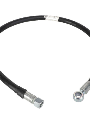 The AGCO | HOSE - AL1103145 is a flexible black hydraulic hose featuring metal fittings on both ends, with one end having a bolt and the other end equipped with a circular eyelet. Additional product description information is currently unavailable.