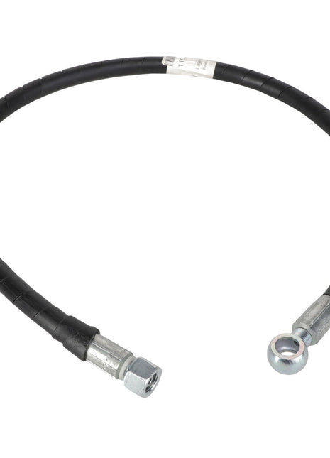 The AGCO | HOSE - AL1103145 is a flexible black hydraulic hose featuring metal fittings on both ends, with one end having a bolt and the other end equipped with a circular eyelet. Additional product description information is currently unavailable.