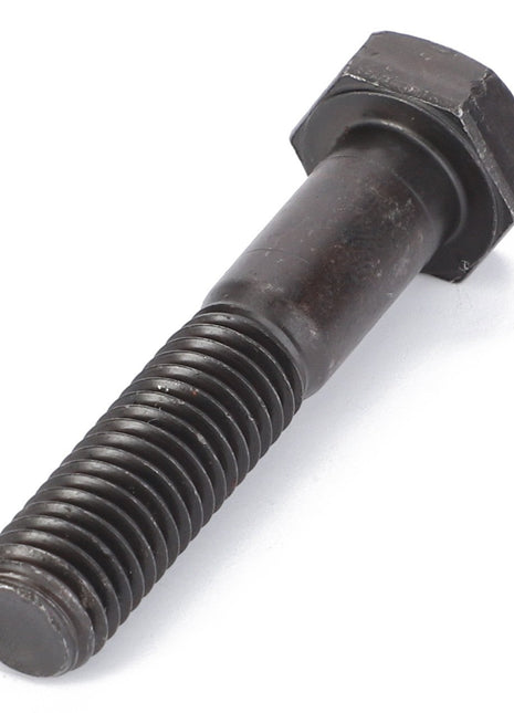 Close-up of an AGCO | Screw - Va020861, featuring a black hex bolt with a partially threaded shaft, lying on a white surface. No current product description available.