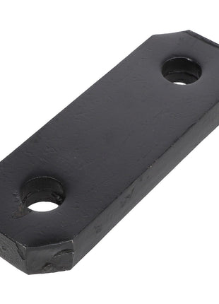 Introducing the AGCO | SPACER - AL381314 from AGCO, a sleek rectangular black metal plate designed with precision, featuring two circular holes on either end.