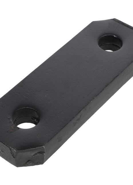 Introducing the AGCO | SPACER - AL381314 from AGCO, a sleek rectangular black metal plate designed with precision, featuring two circular holes on either end.