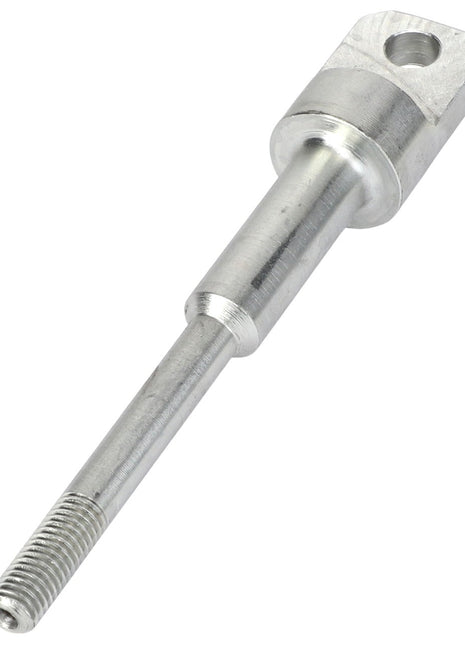 The AGCO | ROD - AL60009533 is a robust metallic threaded rod by AGCO, featuring a hexagonal head and a precision-engineered hole at the top end, making it ideal for mechanical assembly and fastening tasks.