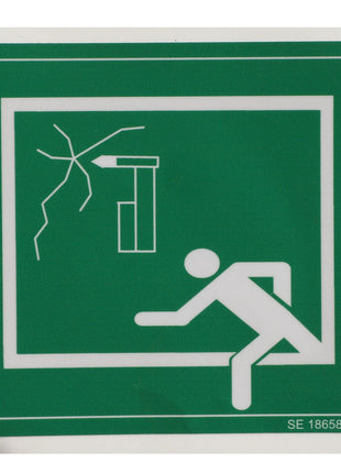 AGCO | DECAL, EMERGENCY EXIT - ACP0534600: A green emergency exit sign featuring a figure running towards a door with an arrow indicating the direction to the exit. No additional product description information is available at this time.