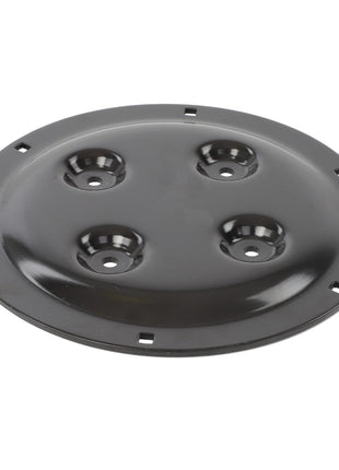 The AGCO | Support Plate 358Mm Drum Mower - Fel140917 is a round, metallic black component featuring four circular indentations and multiple holes near the edge, designed to ensure peak efficiency and maximum uptime.