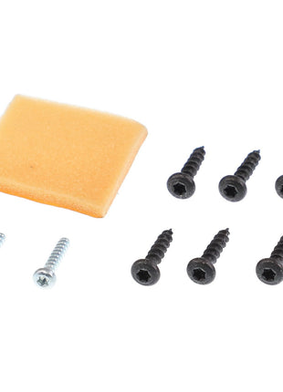 Image shows a small orange foam pad alongside six black screws and two silver screws arranged on a white background. This is the AGCO Small Parts Kit (Model: F930500030590) by AGCO. No current product description information is available.