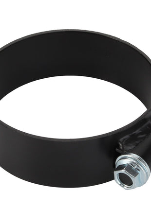 Dive into the sophistication of the AGCO | CLAMP - AG631223, a black metal clamp from AGCO, boasting a cylindrical loop complemented by a bolt and nut on the side.