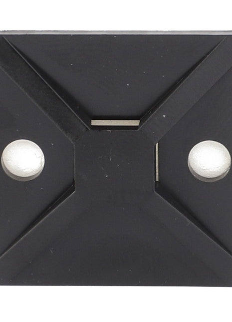 Close-up of the AGCO TIE PLATE - AG517942, a black, square-shaped cable tie mount with an adhesive back and two screw mounting holes. No current product description information is available.