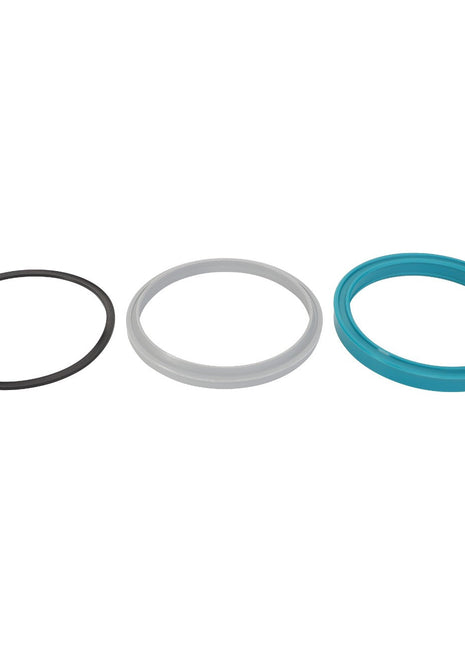 Product Description: The AGCO Kit, Joint - Acp0546990 includes three sealing rings arranged in a horizontal line against a white background. From left to right, the rings are black, white, and teal in color.