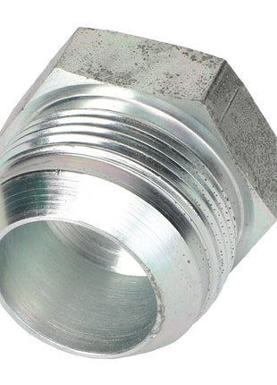 A hexagonal, silver metal threaded pipe fitting connector with a cylindrical body, shown at an angle on a white background. Product: AGCO | HEX HEAD PLUG - AG710593 by AGCO. No current product description information is available.