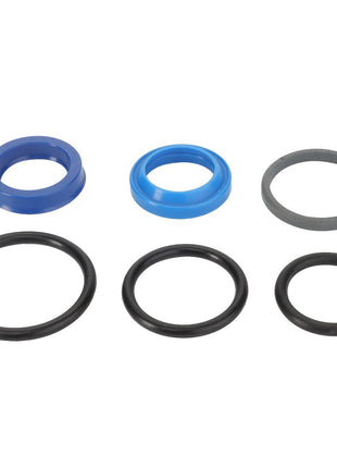 Image of six rubber O-rings and gaskets in various sizes and colors, arranged in two rows. The top row has three blue and gray gaskets, while the bottom row features three black O-rings. The product shown is the AGCO SEALS KIT - D45110084 by AGCO. No additional product description information is available at this time.