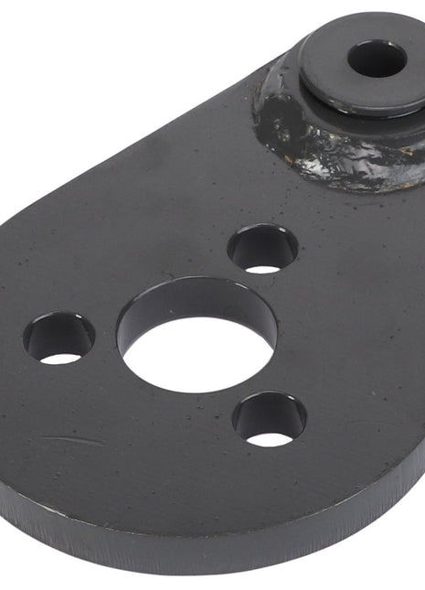 The AGCO | Arm - Acx2432720, a black metal component by AGCO, features a teardrop shape with four drilled holes and a small cylindrical protrusion on the wider end.