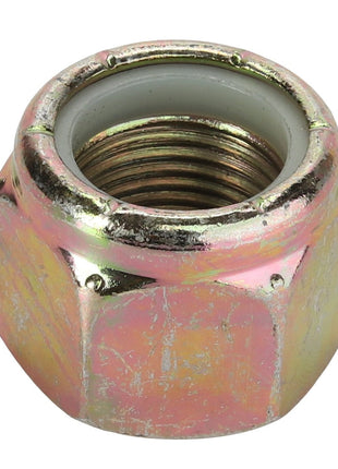 Close-up of a single AGCO Hex Nylon Insert Locknut - Acp0021770, highlighting its hexagonal shape with internal threading and a reflective finish, showcasing the precision craftsmanship by AGCO. No current product description available.