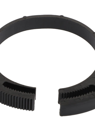 The AGCO Clip - 3009816X1 is a black plastic adjustable clamp featuring a ratcheting mechanism that ensures secure and adaptable functionality, qualities not found in similar items from other brands.