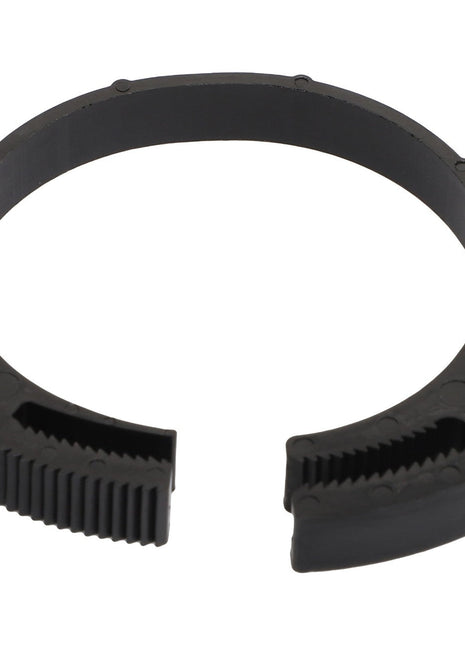 The AGCO Clip - 3009816X1 is a black plastic adjustable clamp featuring a ratcheting mechanism that ensures secure and adaptable functionality, qualities not found in similar items from other brands.