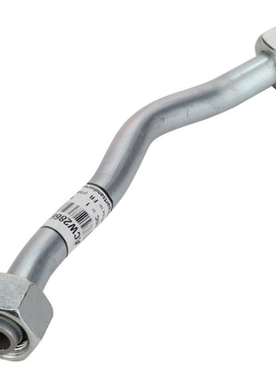 Introducing the AGCO | Pipe - Acw286675A: A bent metal pipe with hexagonal nuts on each end, featuring a barcode label wrapped around the middle.