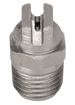 A close-up image of the AGCO SPRAY NOZZLE - AG610654, showcasing its metallic, cylindrical threaded plug with a precisely slotted top.