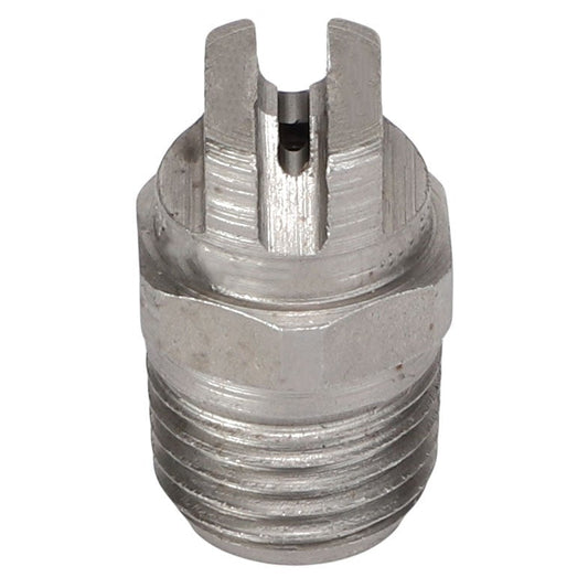 A close-up image of the AGCO SPRAY NOZZLE - AG610654, showcasing its metallic, cylindrical threaded plug with a precisely slotted top.