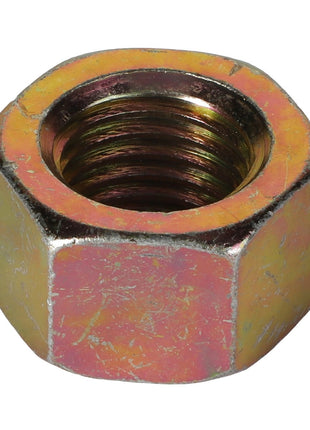 A close-up of the AGCO | HEX NUT - AG125206, showcasing its hexagonal metallic design with an internal threaded hole. The nut displays signs of wear and a slightly tarnished finish. Current product description information is unavailable.