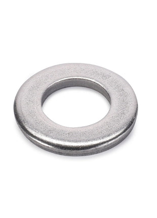 The AGCO | FLAT WASHER - D28782948 is a durable metallic round flat washer with a central hole, expertly crafted to evenly distribute the load of a threaded fastener.