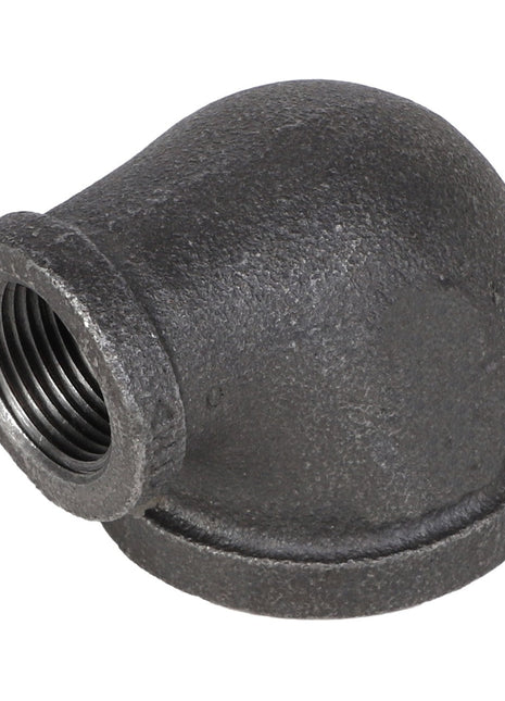 The AGCO ELBOW FITTING - AG557714 is a black cast iron, 90-degree elbow pipe fitting with one threaded end for plumbing or piping connections. Specific size information is not available.