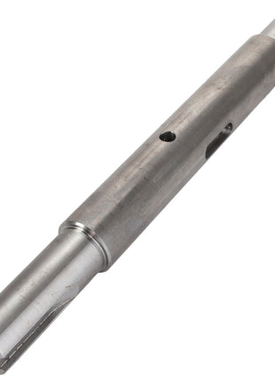 The AGCO | SHAFT - D28788693, a cylindrical metal shaft from AGCO, boasts a smooth surface and precise machining, complete with holes and grooves at various intervals.