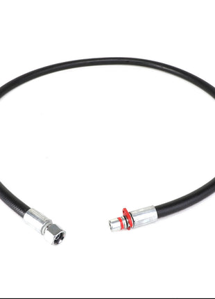 The AGCO | HOSE - AL9031157, a black flexible hose featuring metal connectors on both ends, is placed against a white background. No current product description information is available.