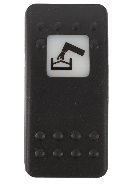 Close-up of the AGCO | SWITCH - D45050007 remote control button by AGCO, showcasing its black surface with a tactile dot pattern and a white symbol depicting a hand pressing down on an electronic device.