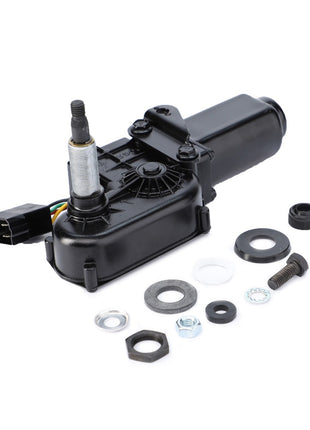 The AGCO Wiper Motor, Rear Window - 3715610M2 is a black automotive part that includes various small components such as washers, bolts, and a connector. It is designed for visibility and safety and is suitable for Massey Ferguson models featuring AGCO Genuine Wiper Motors.