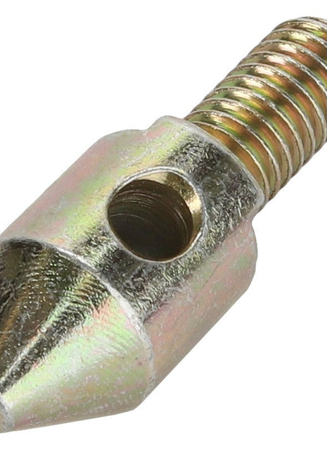 The AGCO | PIN - D28270235, by AGCO, is a metallic screw with a conical tip and a threaded shaft, featuring a hole through its wider section. No current product description information is available.