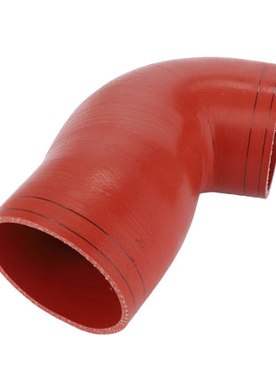 The AGCO Air Hose, For Boost Air - Acw4337050, is a high-quality red 90-degree silicone hose elbow. It is perfect for connecting pipes in automotive or industrial applications and ideal for use in an engine air system.