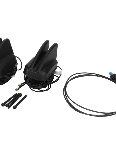 A pair of black sonar transducers with cables, three bolts, two nuts, and an additional connecting cable for seamless integration included in the AGCO Telemetry Kit - Acp0624060 by AGCO.